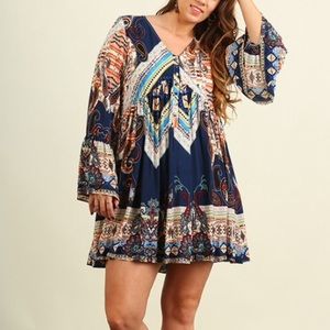 Boho Bell Sleeve Babydoll Tunic Dress Size XL New